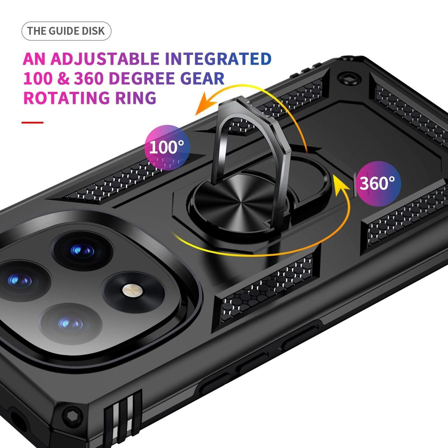 Funda negra para teléfono con soporte de anillo. El anillo puede girar 100 y 360 grados. Primer plano.