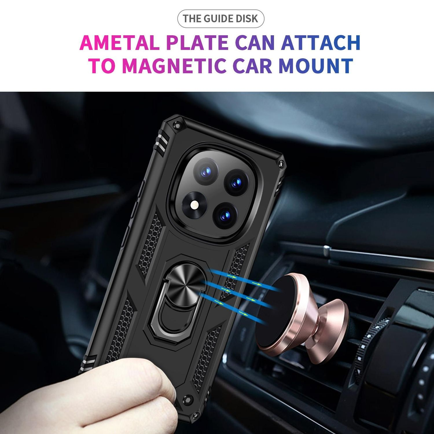 Teléfono en funda negra en un soporte magnético para automóvil. Anillo en la funda.
