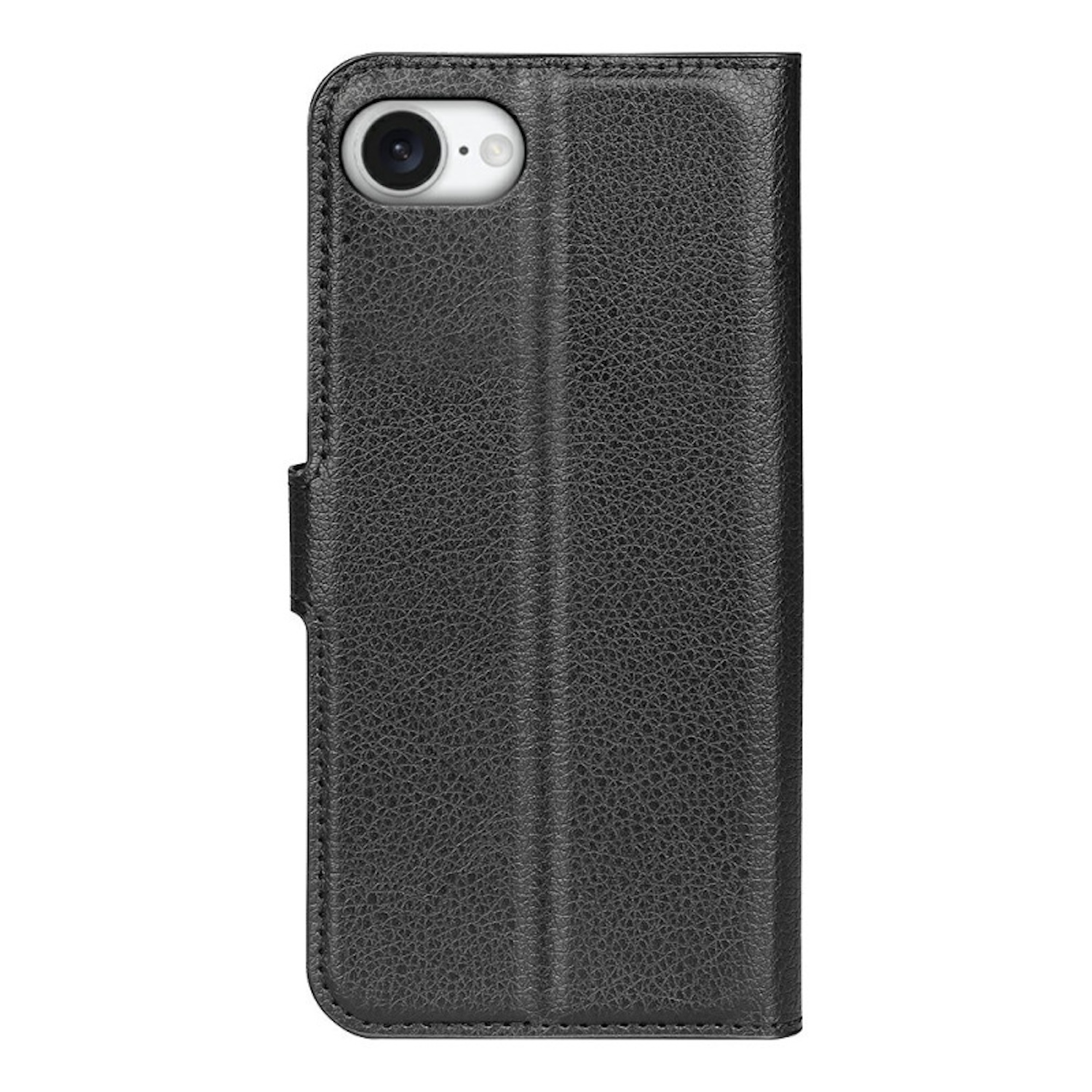 Una funda de teléfono de cuero negro cerrada con un recorte para la lente de la cámara.