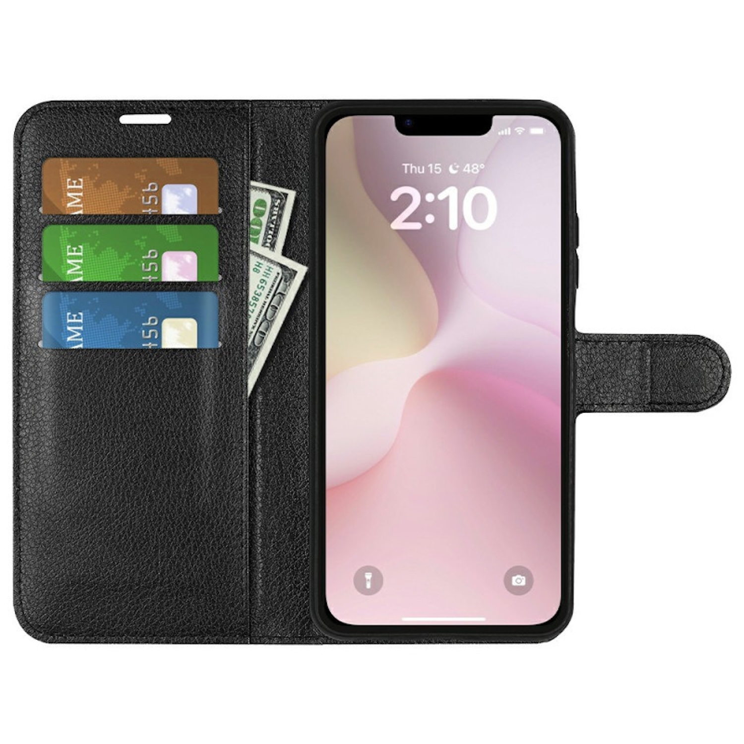 Funda negra para teléfono con tarjetas, efectivo y teléfono mostrando hora.