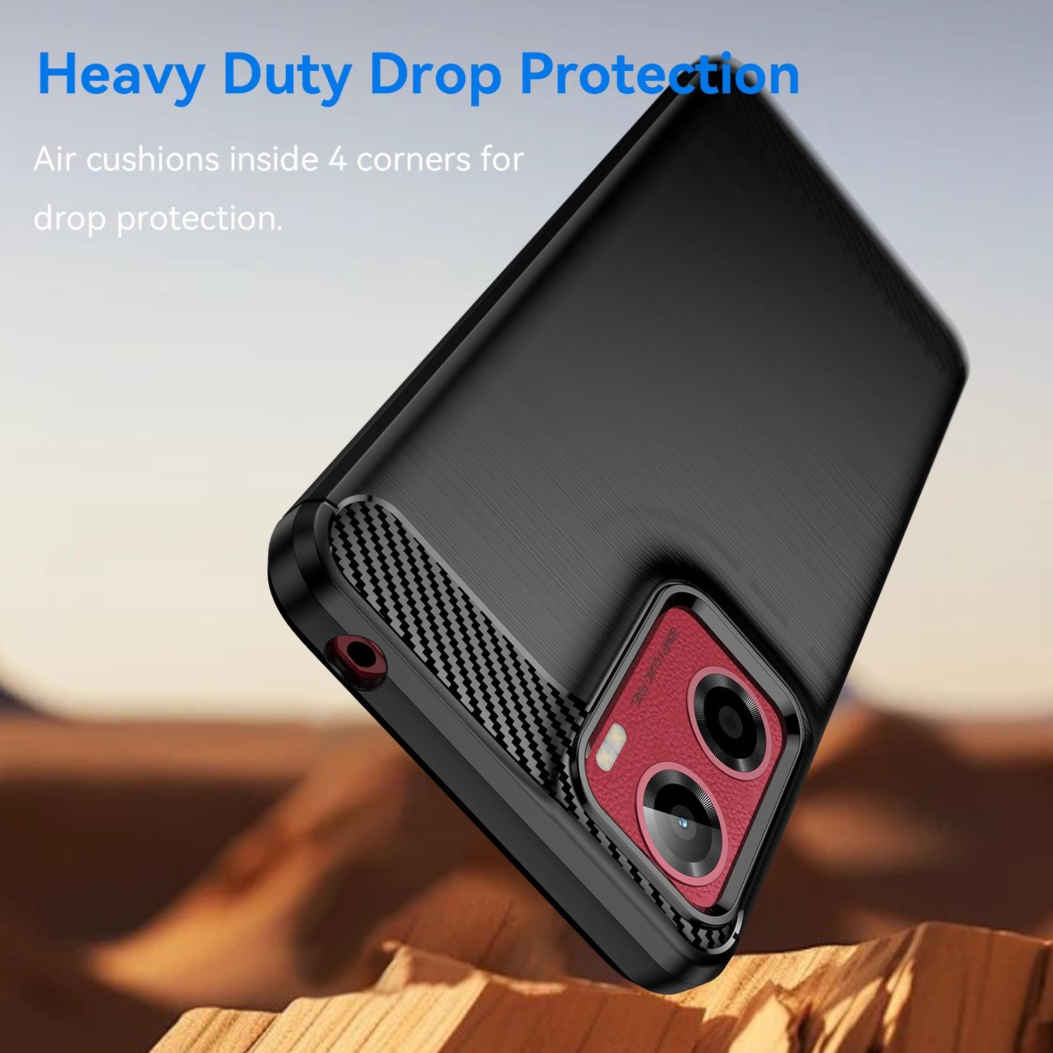Schwarze Handyhülle vor braunem Hintergrund, mit rotem Kameradetail und Text: Heavy Duty Drop Protection.