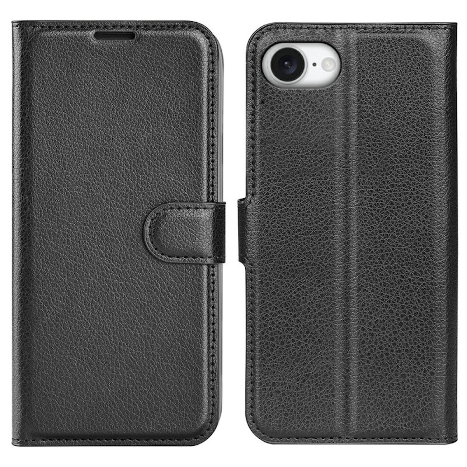Funda de teléfono de cuero negro, abierta y cerrada. Muestra la cámara del teléfono en el lado abierto.