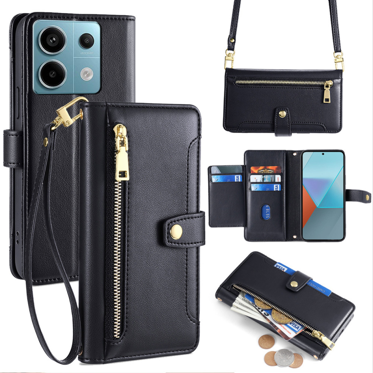 Schwarze Telefonhüllen mit Reißverschluss-Geldbörsen und Umhängeriemen, mit Karten und Münzen.