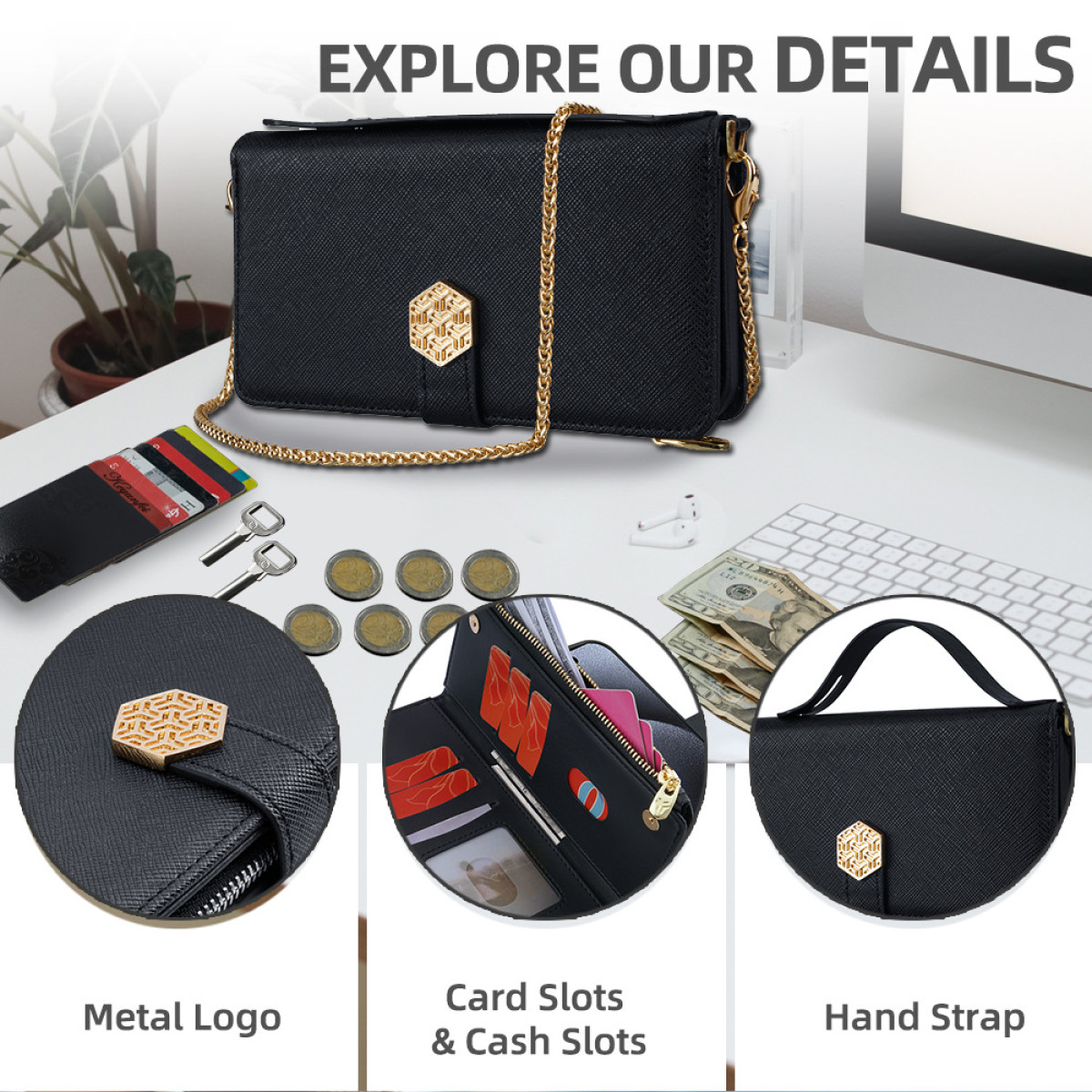 Borsa nera con catena dorata. Mostra i dettagli del logo in metallo, degli scomparti per carte e contanti.