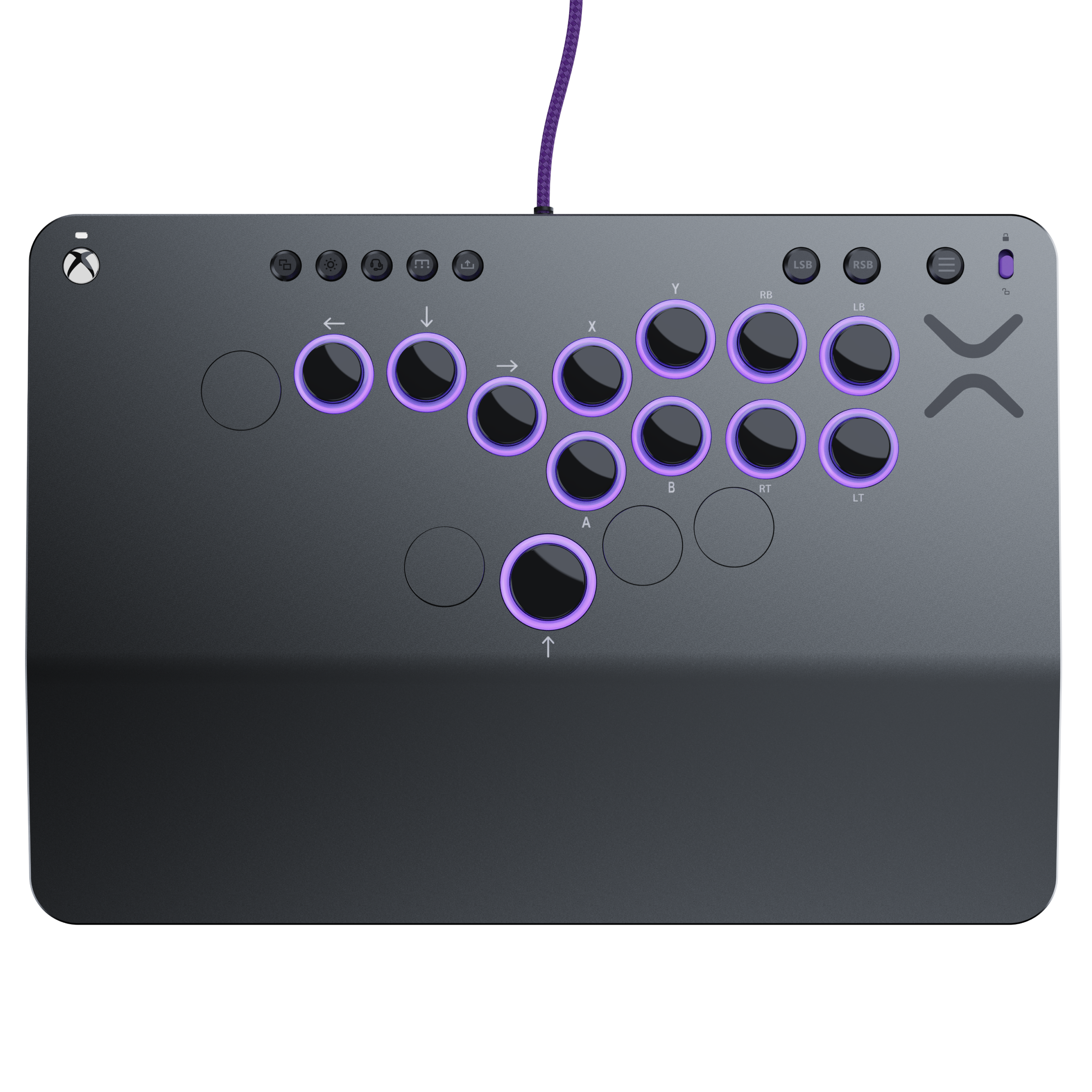 Gamepad Xbox nero con pulsanti viola e un cavo viola.