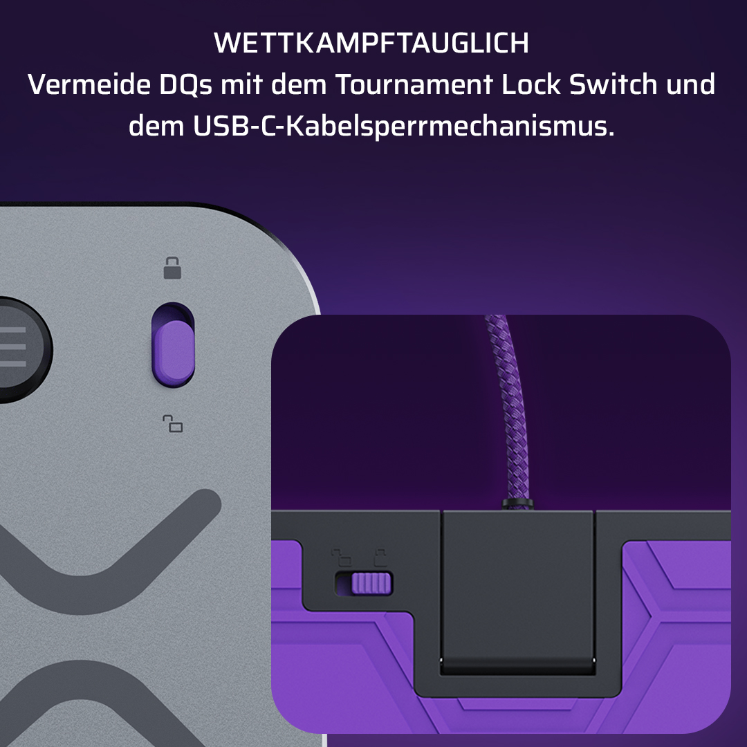 Primo piano di un dispositivo con accenti viola, interruttore di blocco e meccanismo di blocco del cavo USB-C.