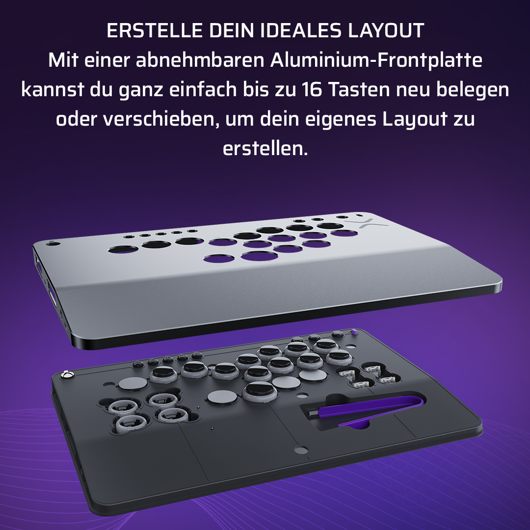 Controller di gioco con frontalino in alluminio rimovibile e pulsanti sostituibili.