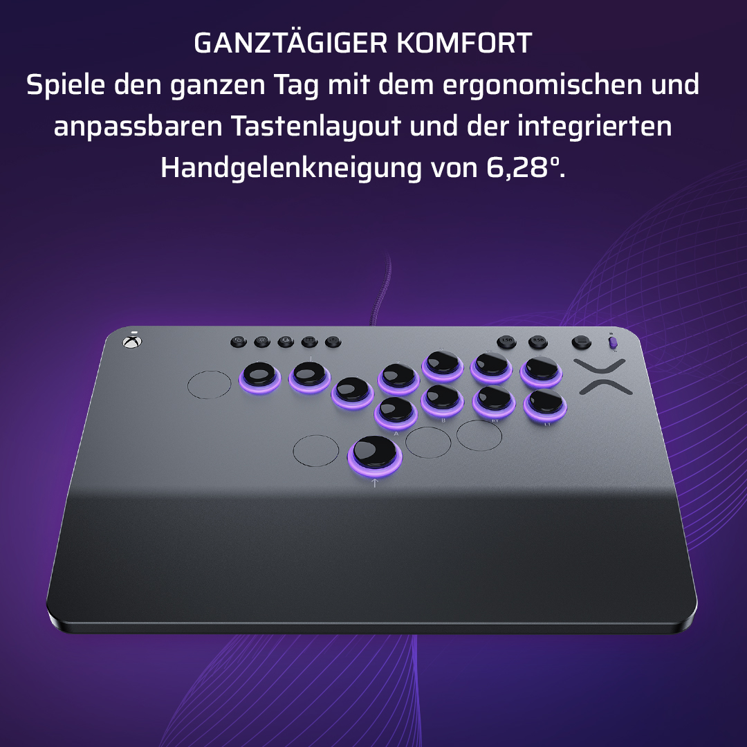 Un controller di gioco nero con pulsanti viola. Lo sfondo è una sfumatura viola e bianca.