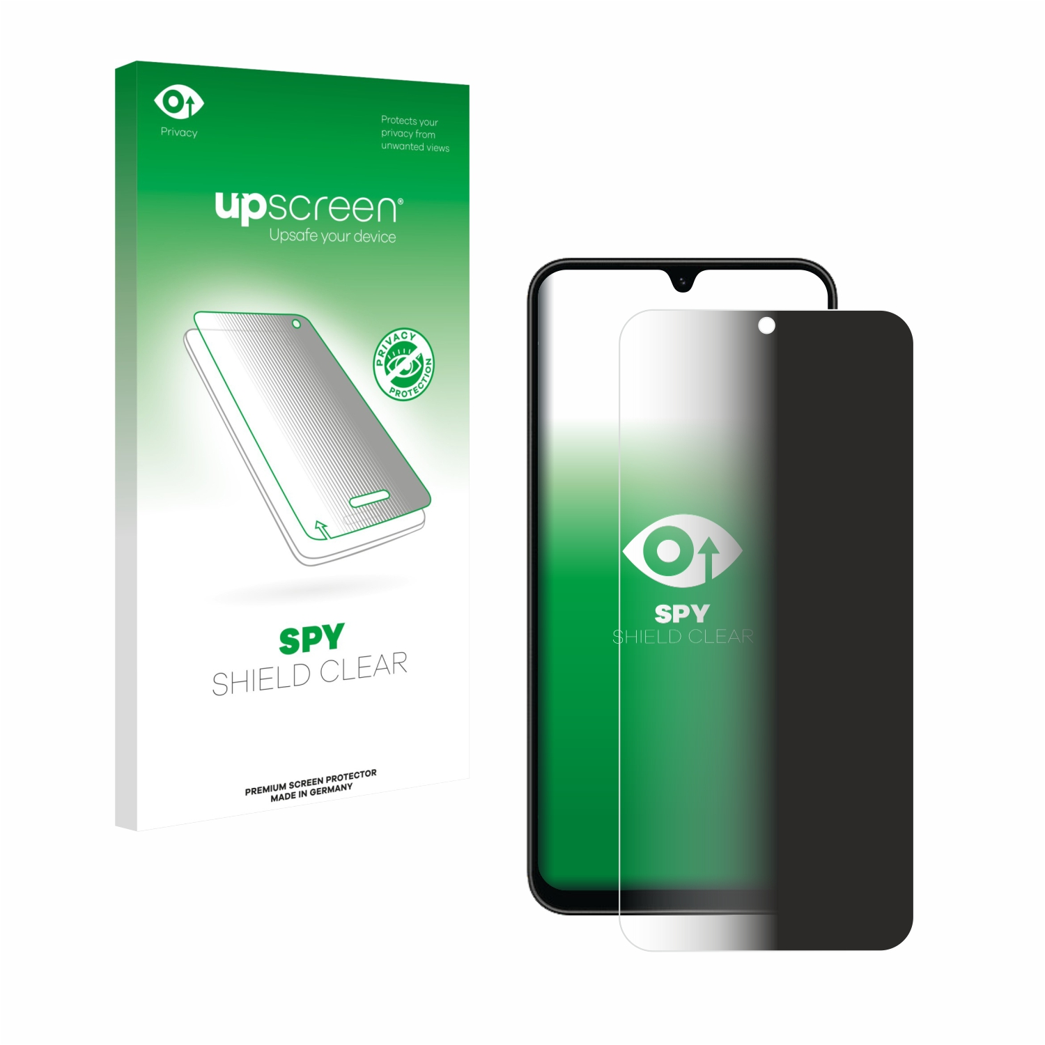 Telefon mit Blickschutzfolie, Verpackung. Weißer Hintergrund.
