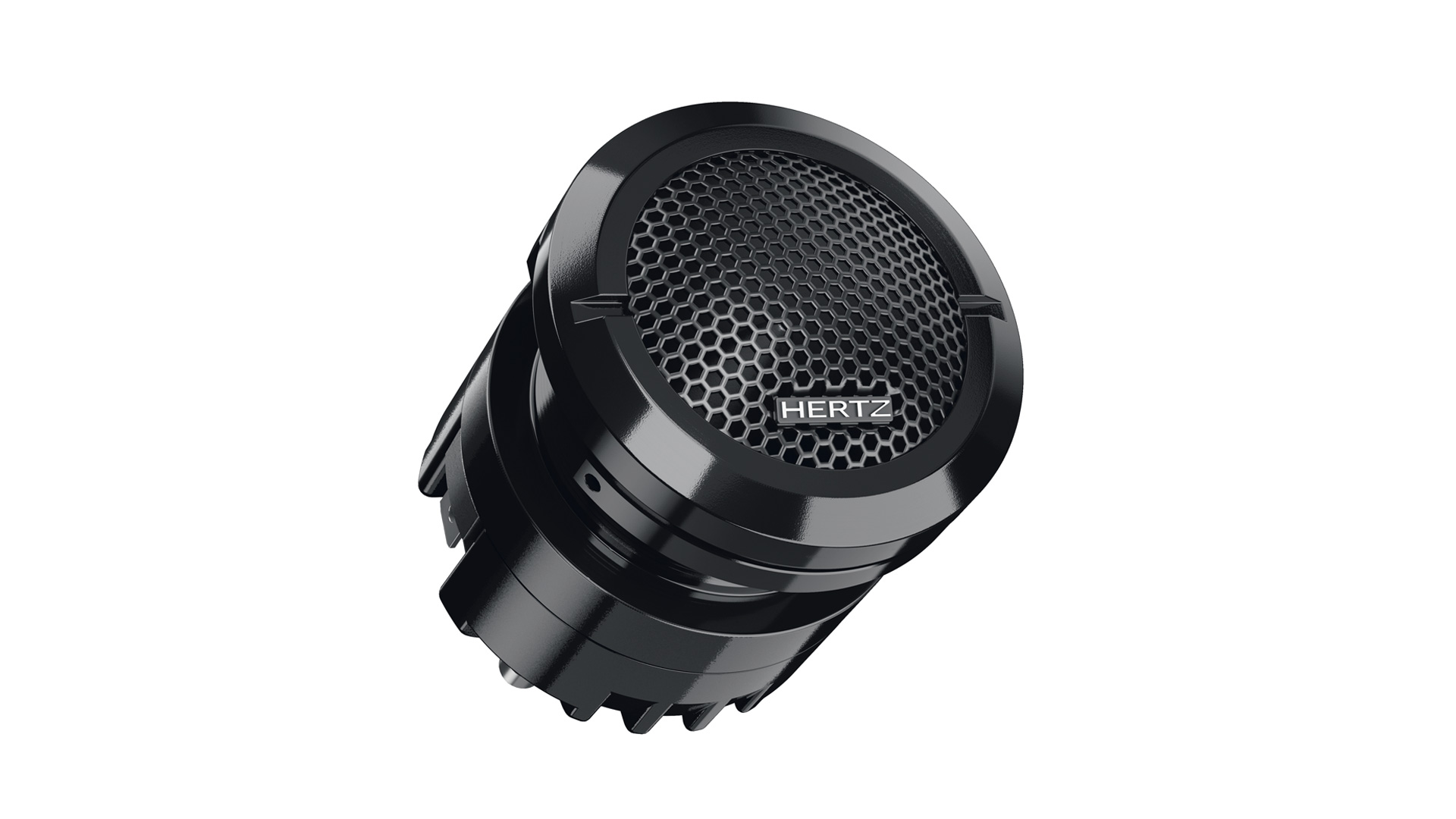 Ein schwarzer Hertz-Lautsprecher mit Mesh-Front. Es hat ein rundes Design und befindet sich auf weißem Hintergrund.