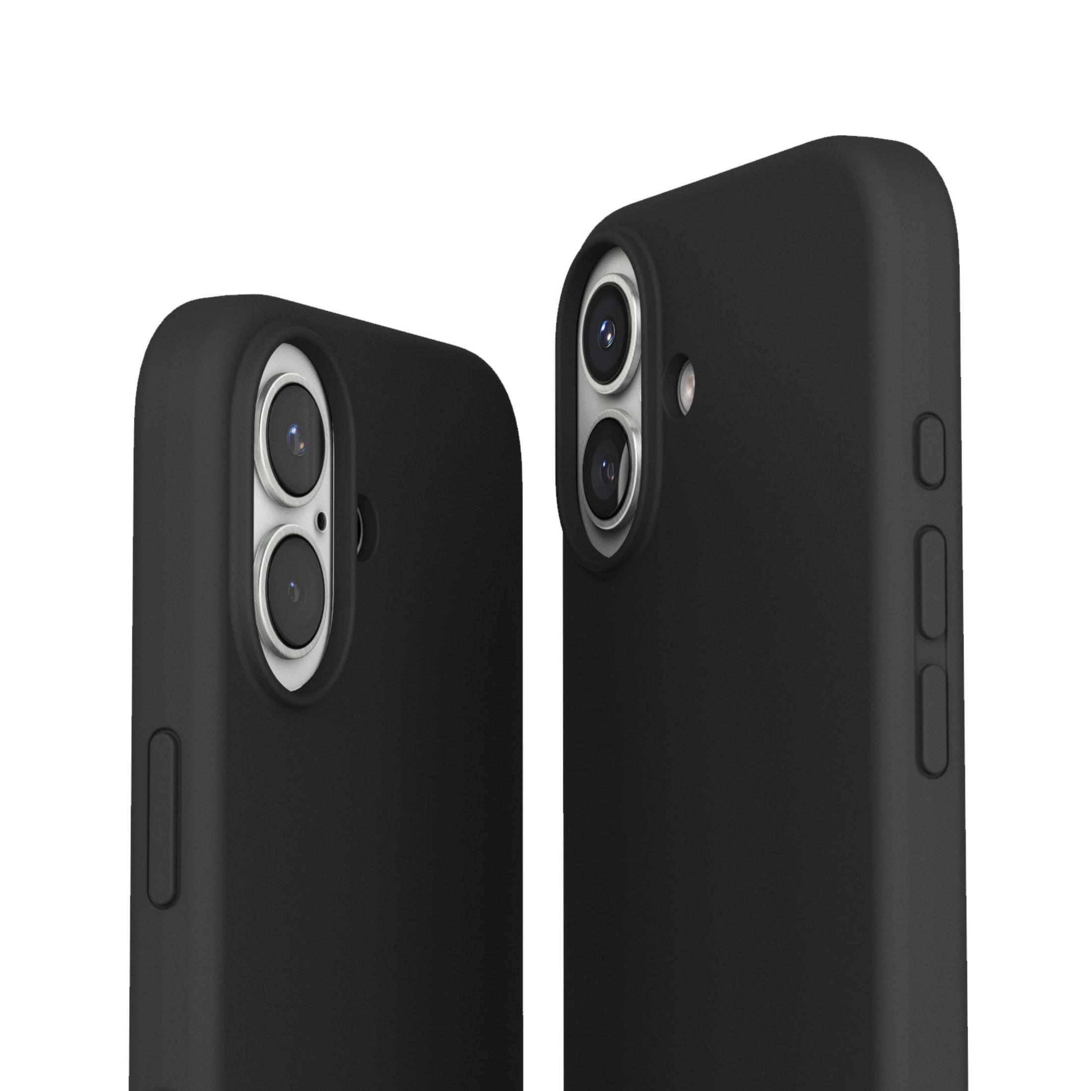 Deux coques de téléphone noires, montrant les découpes de l'appareil photo, en gros plan.