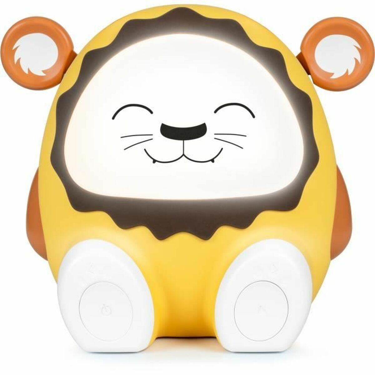 Eine gelbe Löwenlampe mit einem lächelnden Gesicht. Sie hat braune Mähnendetails und orange Ohren.