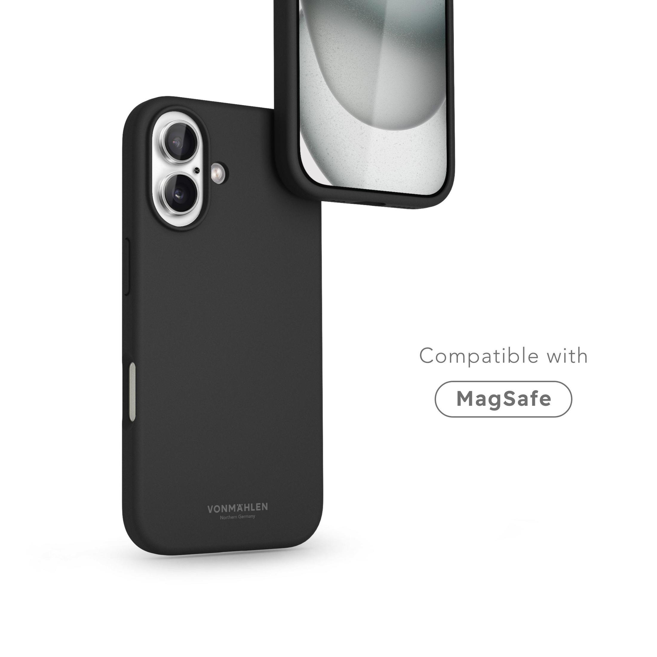 Coque de téléphone noire avec téléphone partiellement inséré. Texte : 'Compatible avec MagSafe'.
