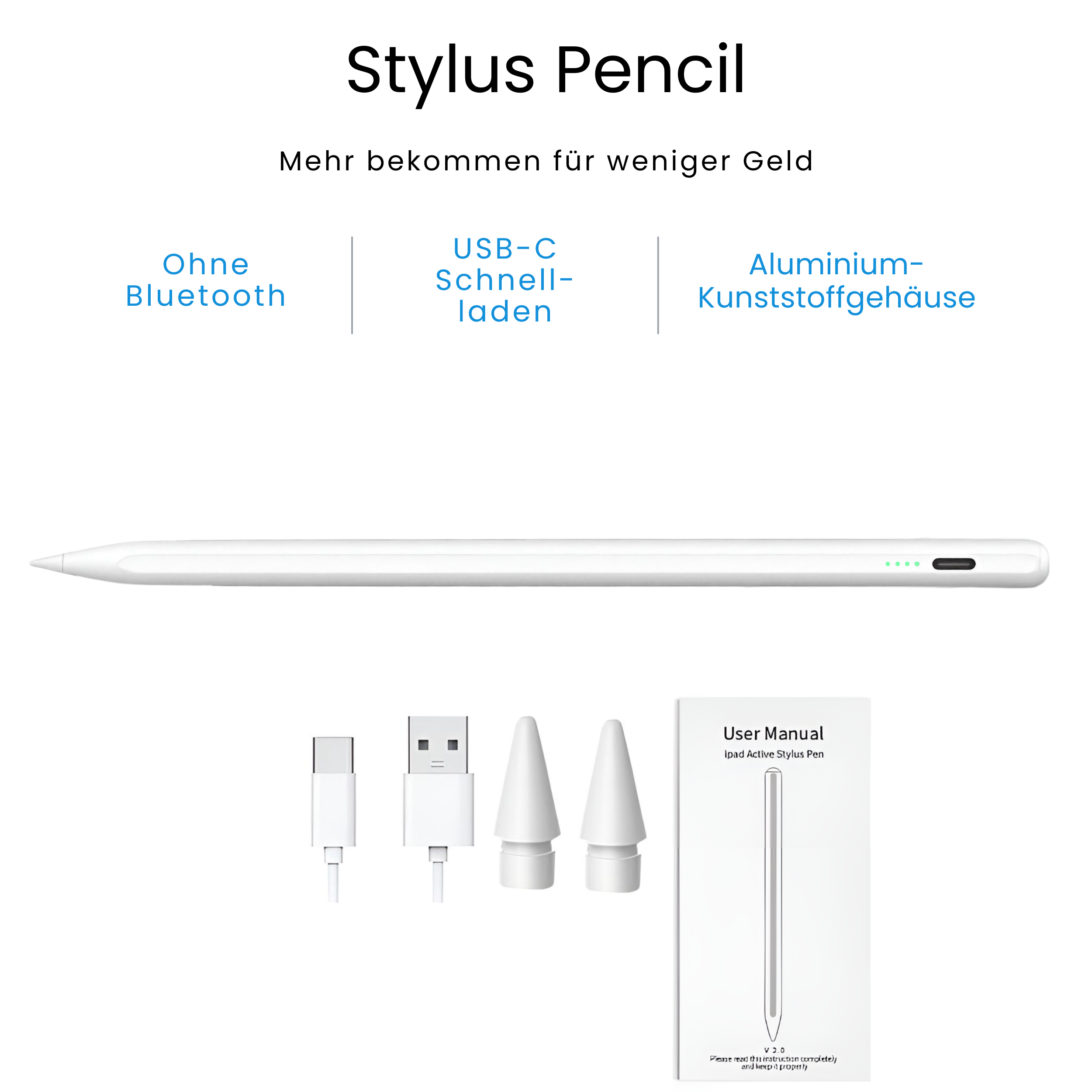Weißer Stylus-Stift mit Zubehör und einer Bedienungsanleitung auf weißem Untergrund.