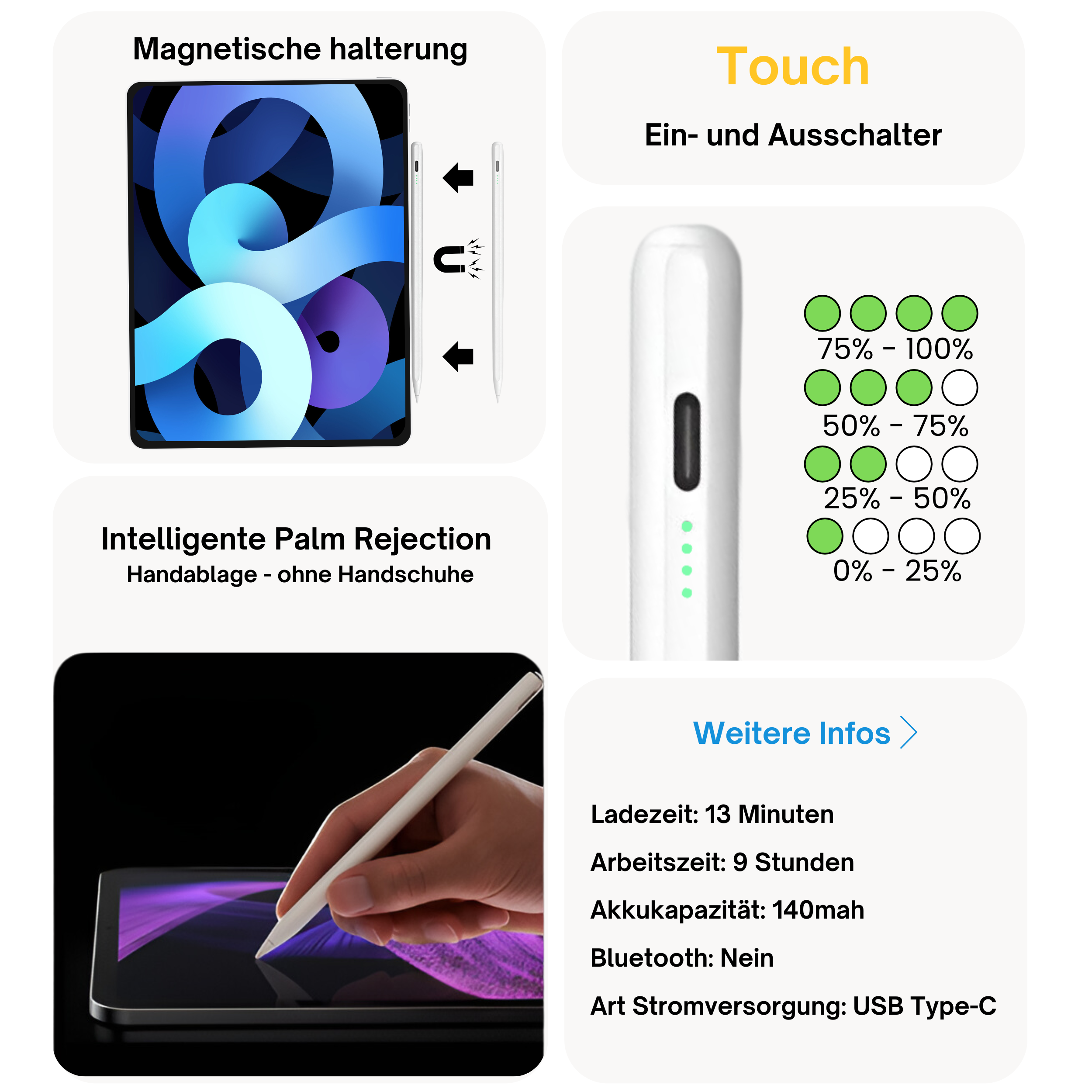 Weißer Stift mit Tablet, Magneten und Akkuanzeige, sowie weitere Informationen.
