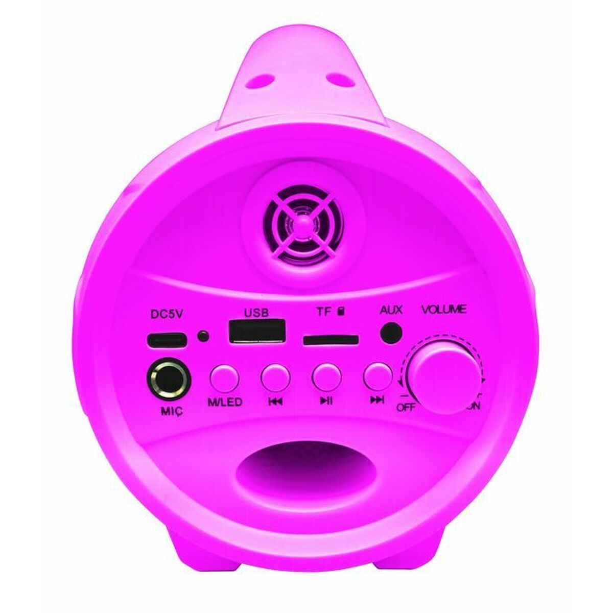 Pinker Lautsprecher mit Bedienelementen und Anschlüssen. USB, AUX, Lautstärkeregler und Ein/Aus.