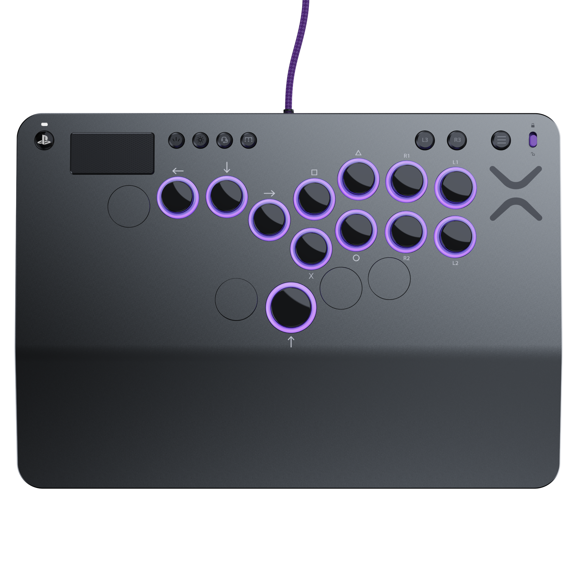 Un controller di gioco nero con pulsanti viola e un cavo viola. Il controller è su una superficie nera.