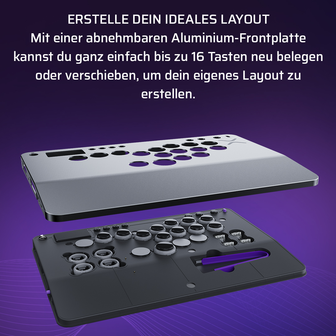 Parti del joystick arcade. I pezzi superiori e inferiori sono separati, con testo in tedesco in alto.