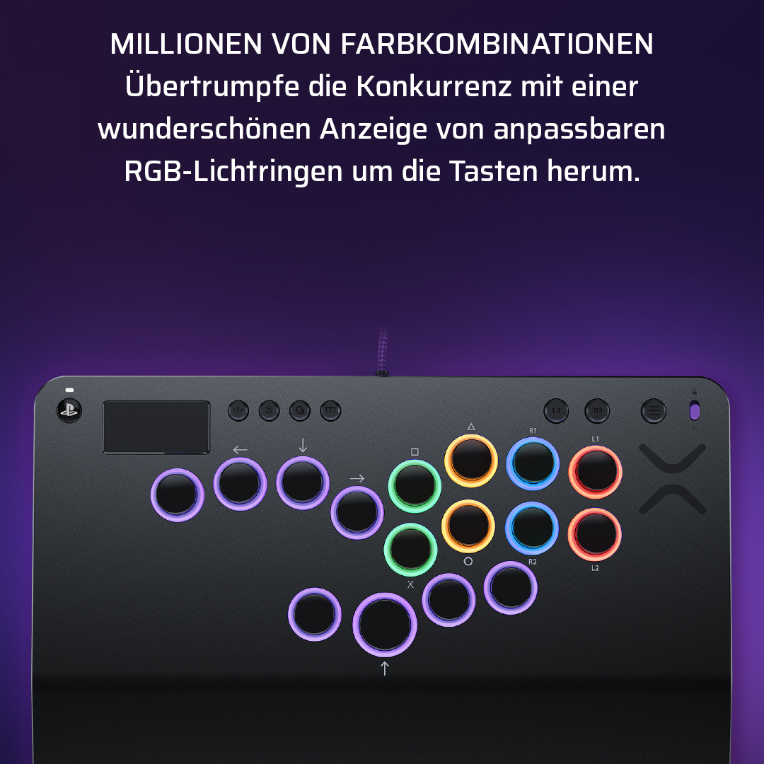 Controller di gioco nero con pulsanti colorati e testo. Sfondo viola.