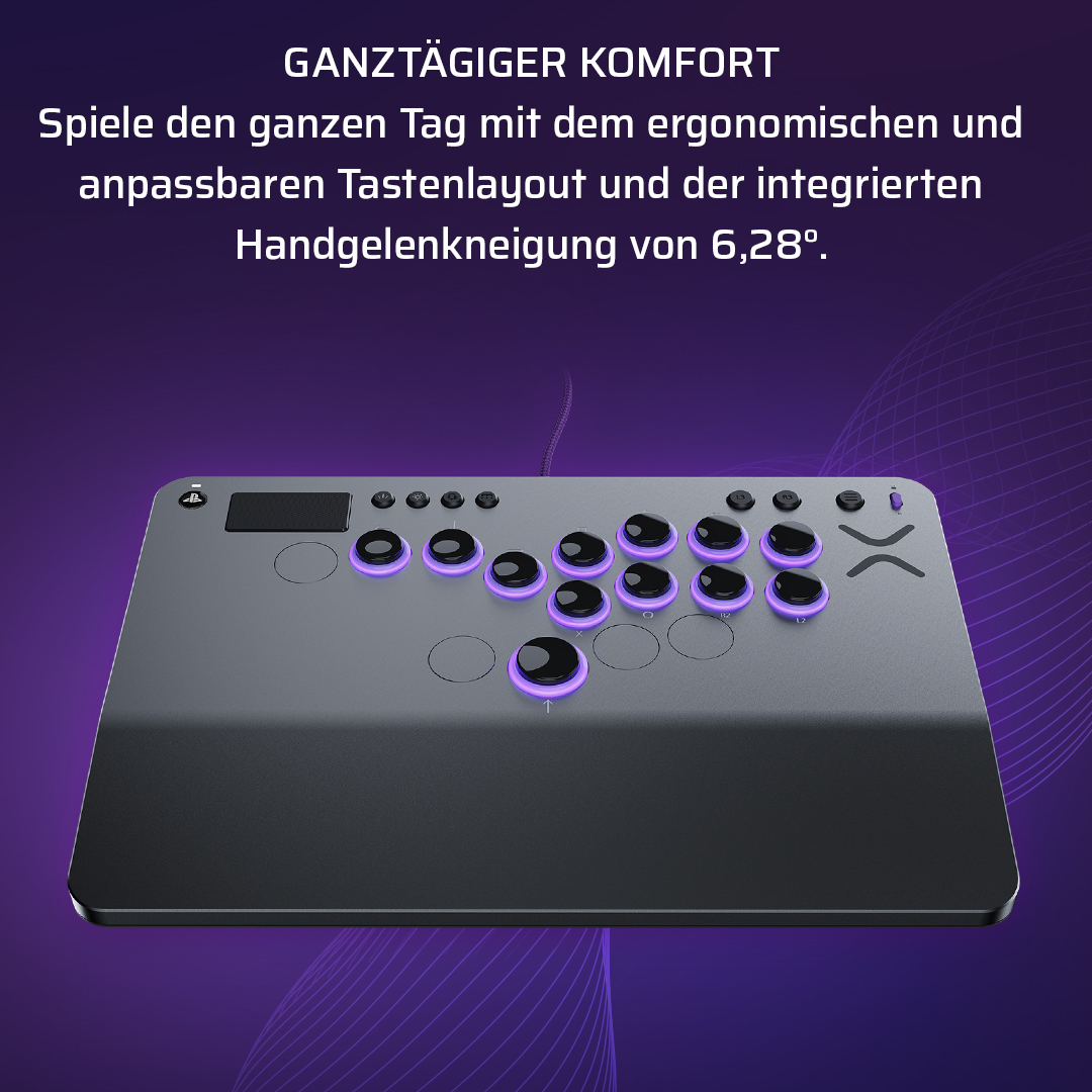 Controller di gioco con pulsanti. Le luci viola evidenziano i pulsanti. Lo sfondo è viola.