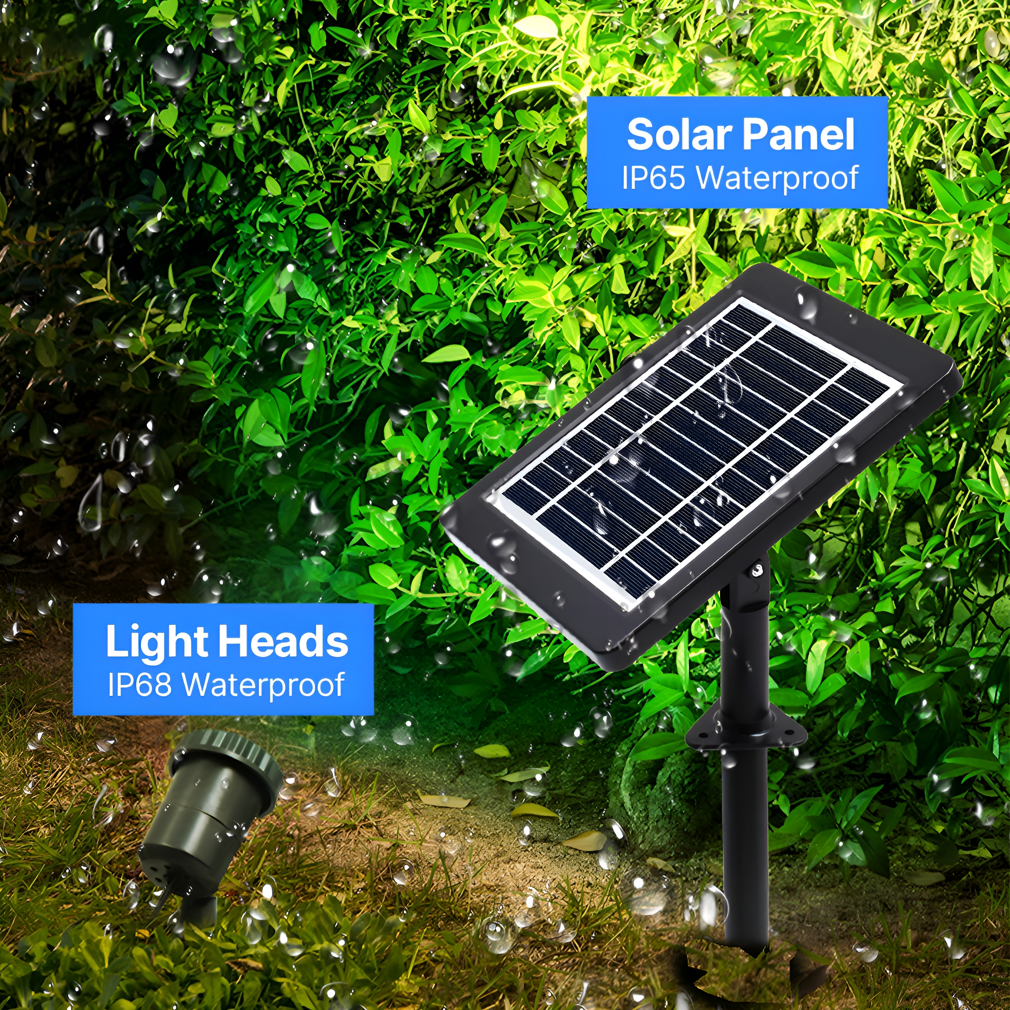 Solarpanel, Leuchtköpfe und grüner Hintergrund mit Wassertropfen.