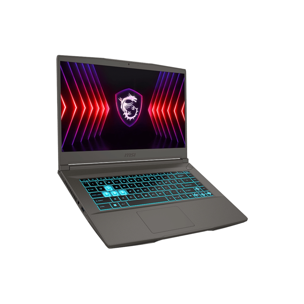 Un laptop grigio con uno schermo colorato che mostra un logo e un design.