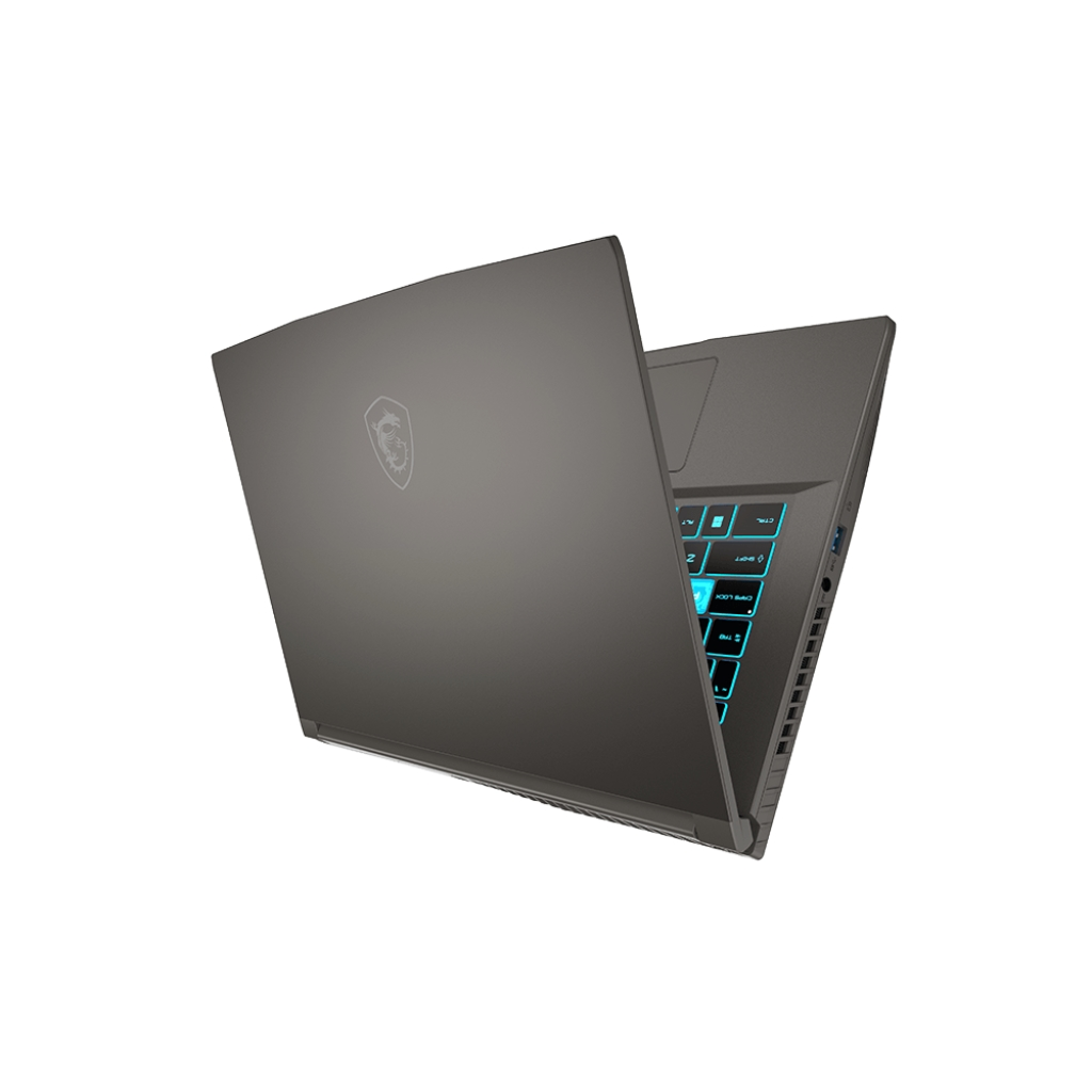 Laptop grigio scuro, aperto ad angolo. Schermo e tastiera visibili.