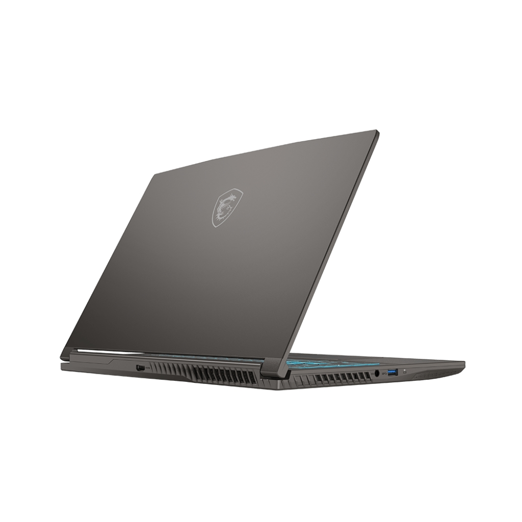 Laptop grigio scuro, parzialmente aperto, mostra logo e vista tastiera.