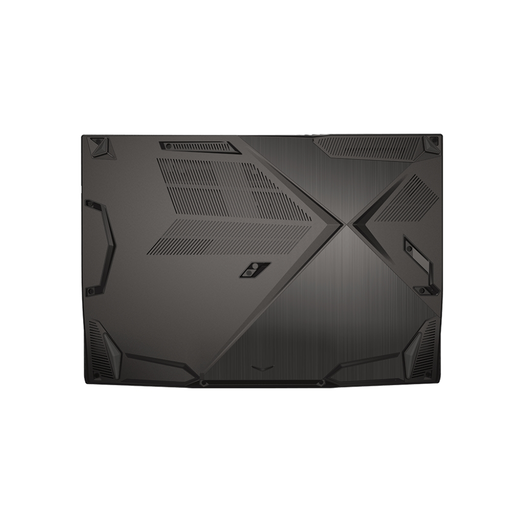 Retro di un laptop nero con design distintivo, a forma di 'X'.