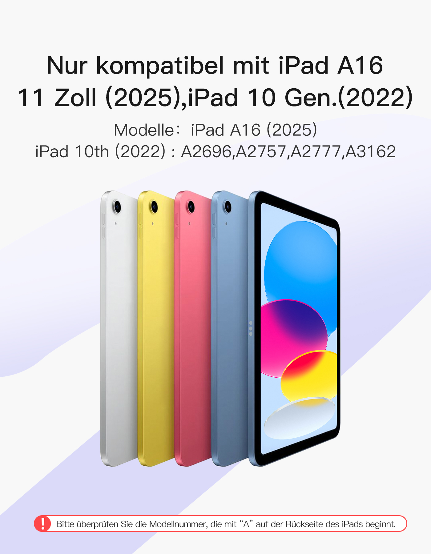Quattro iPad di diversi colori, disposti in fila. Il testo indica la compatibilità con modelli specifici.