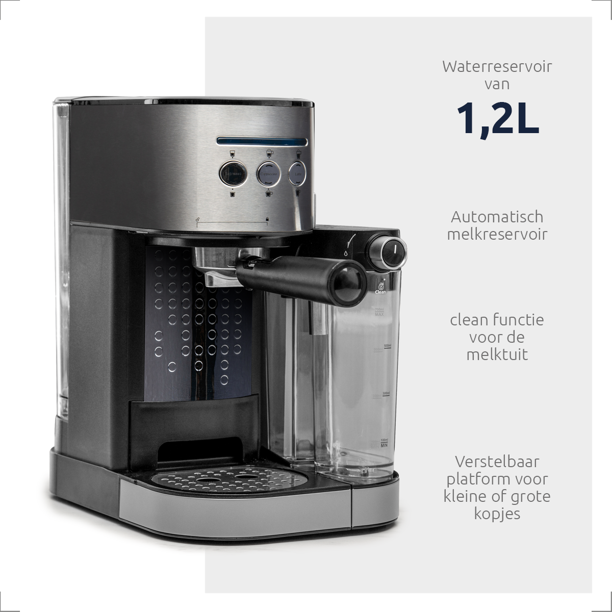 Espresso machine with a water reservoir, milk reservoir, and adjustable platform.