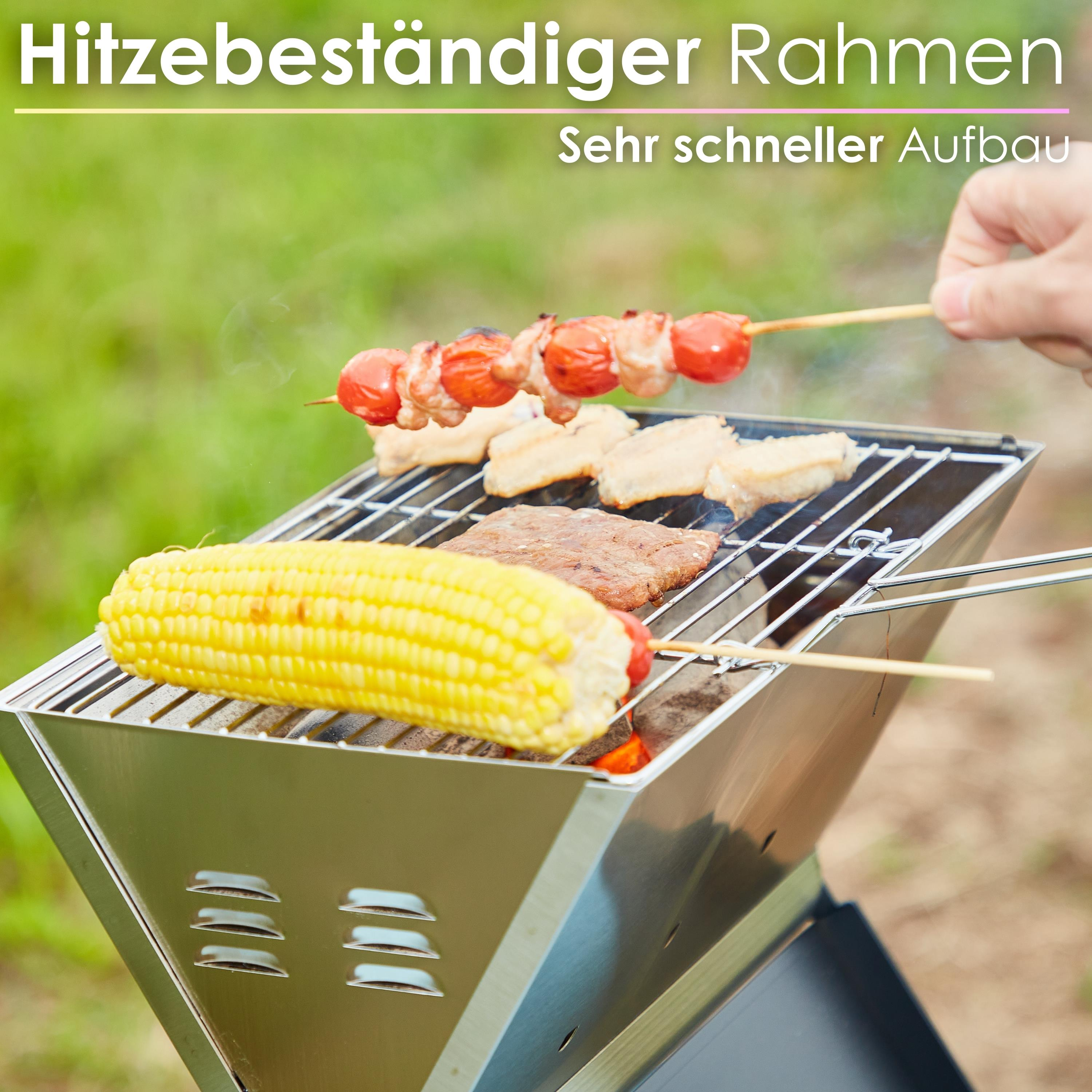 Grill mit Spießen mit Essen. Maiskolben. Text: Hitzebeständiger Rahmen, Sehr schneller Aufbau.