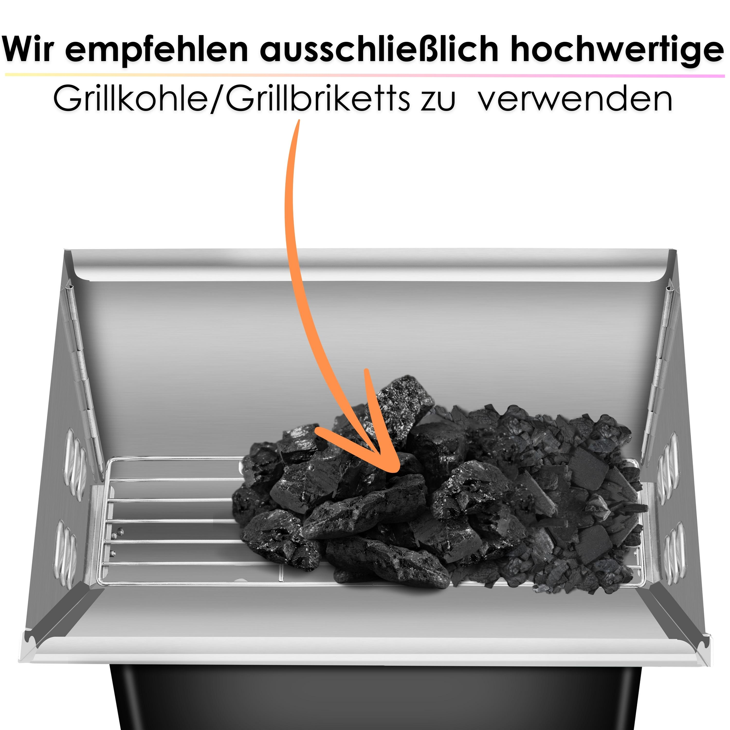 Holzkohlebriketts in einem Grill. Silberner und schwarzer Grill. Weißer Hintergrund.