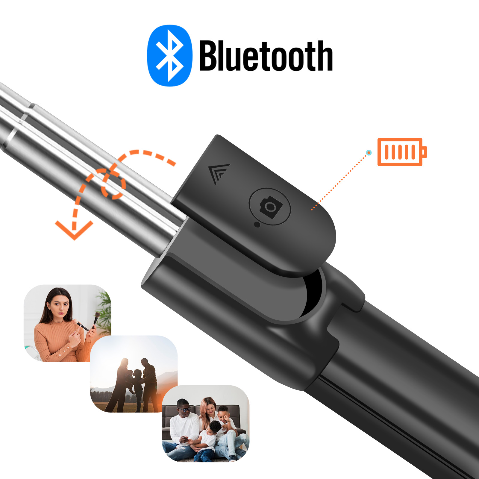Schwarzer Selfie-Stick mit Bluetooth-Logo, verbunden mit einem Telefon. Drei Fotos zeigen Anwendungsfälle.