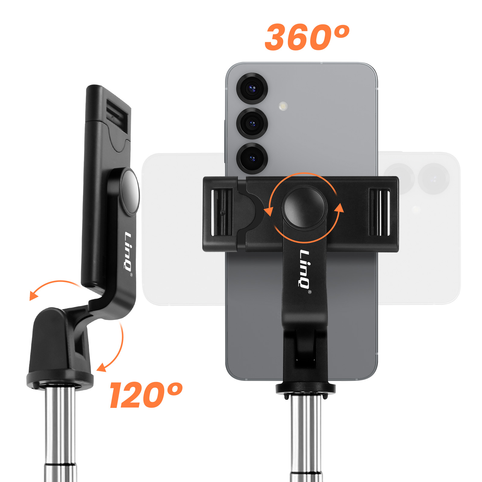 Ein Telefonhalter, der eine 360- und 120-Grad-Drehung zeigt, mit einem befestigten Telefon, isoliert auf weißem Hintergrund.