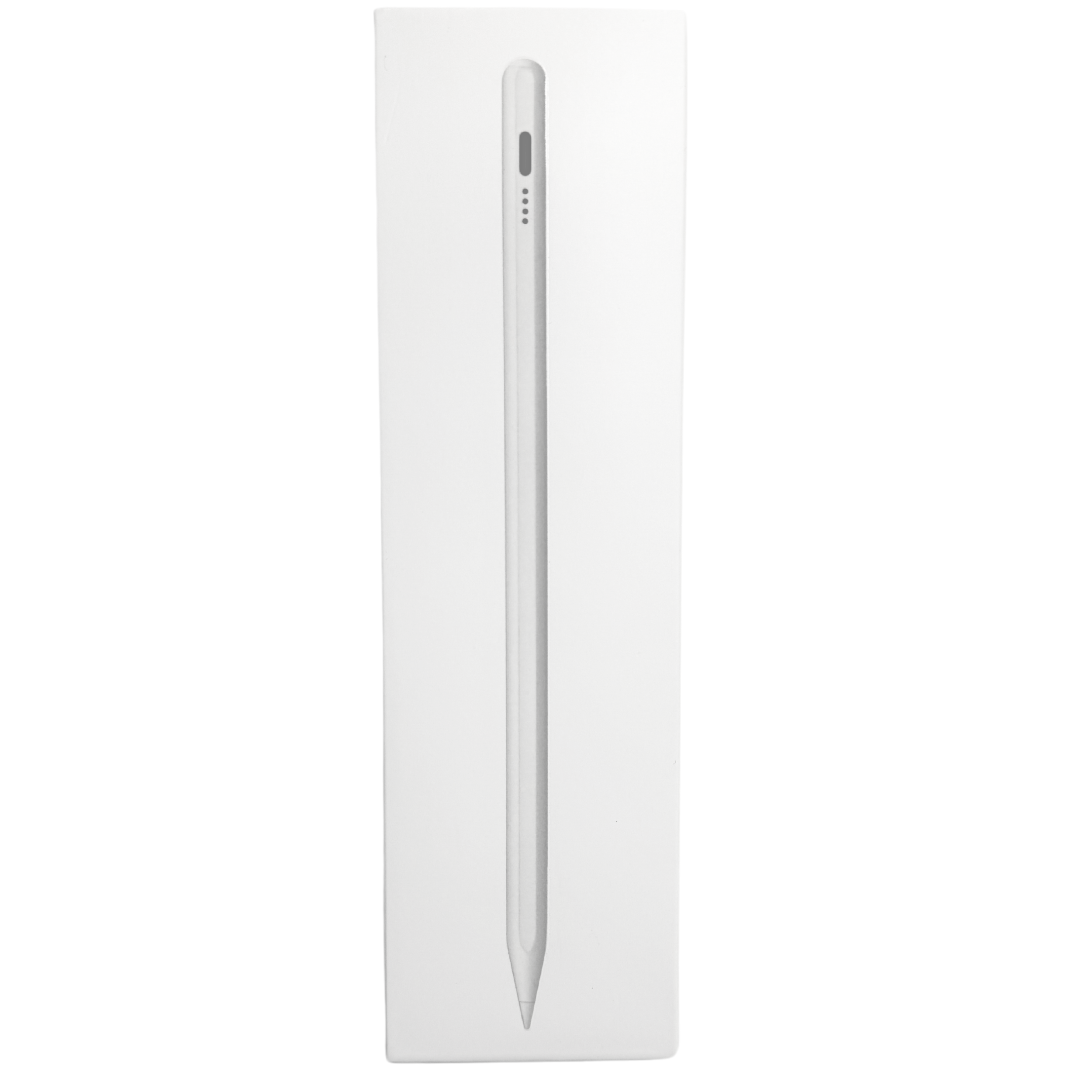 Weißer Stift in seiner weißen Box. Der Stift ist vertikal, mit sichtbarer Spitze. Die Box ist schlicht.