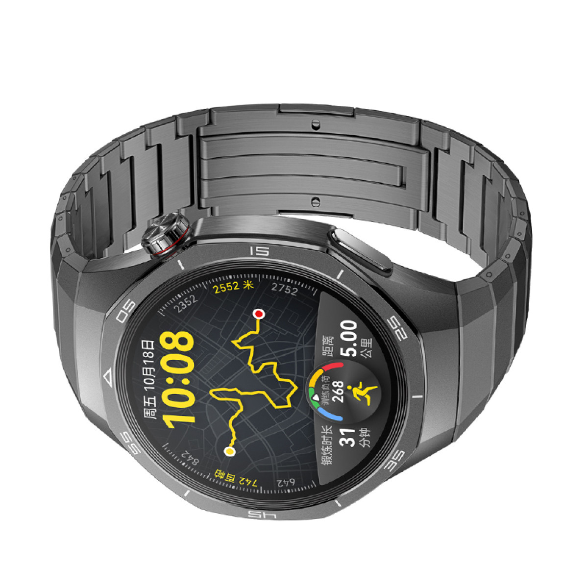 Smartwatch mit grauem Armband, zeigt Uhrzeit und Karte auf schwarzem Bildschirm, isoliert weiß.