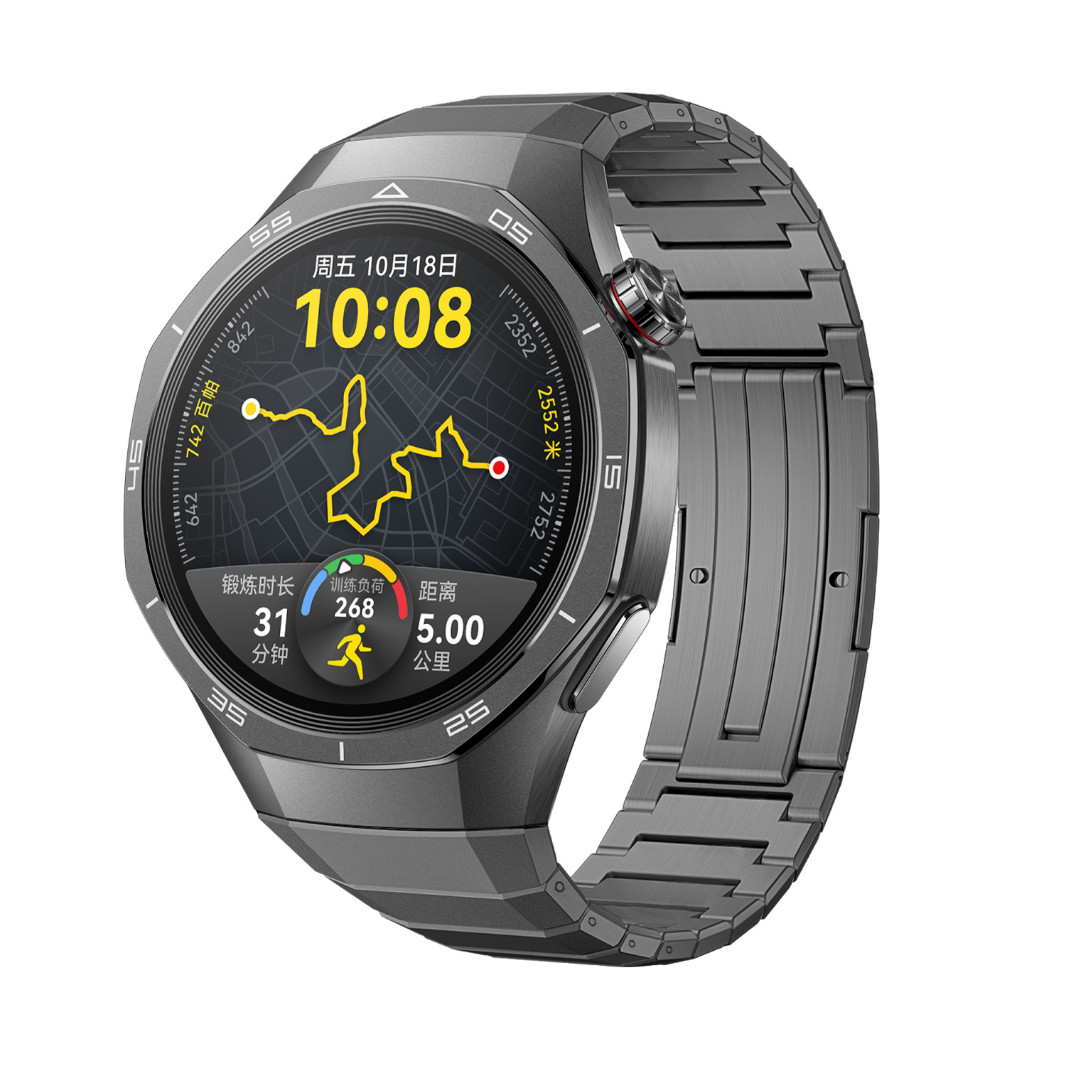 Dunkelgraue Smartwatch mit Metallarmband, zeigt Karte und Uhrzeit. Zeigt Uhrzeit, Datum und Fitnessdaten.