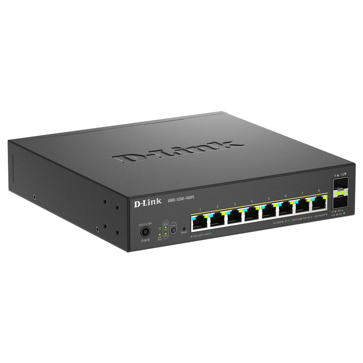 Ein schwarzer D-Link Netzwerk-Switch mit Anschlüssen und Anzeigen. Draufsicht, mit Text beschriftet.
