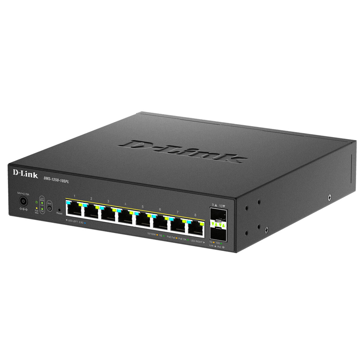 Schwarzer D-Link Netzwerk-Switch mit 8 Ports. 'D-Link'-Logo links oben. Verschiedene LED-Anzeigen sichtbar.