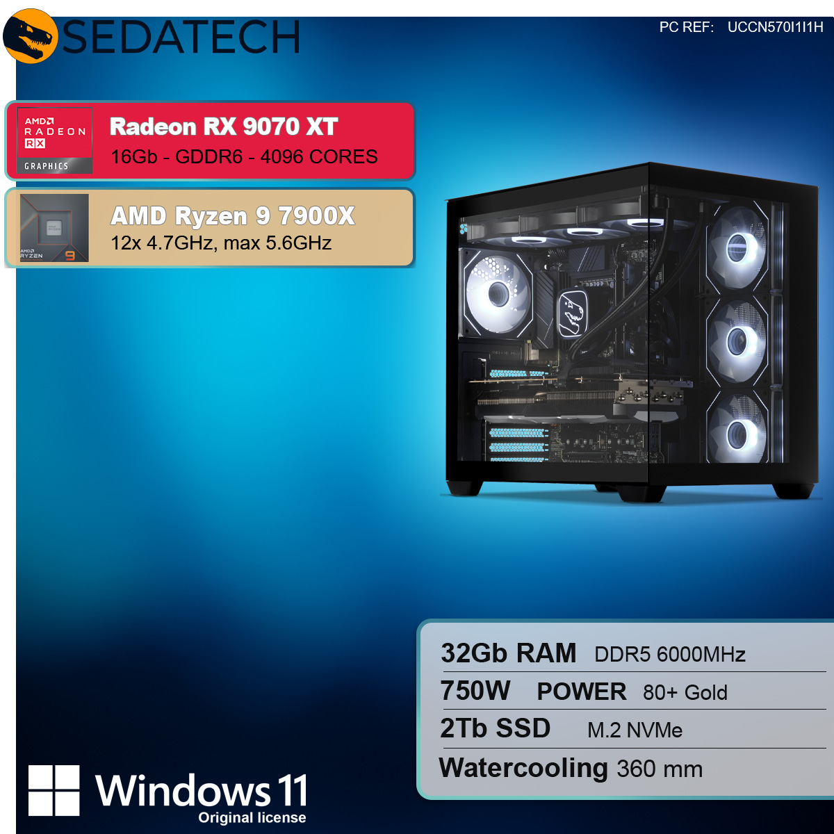 PC gaming con componenti visibili, logo Windows 11. Case nero su superficie blu.