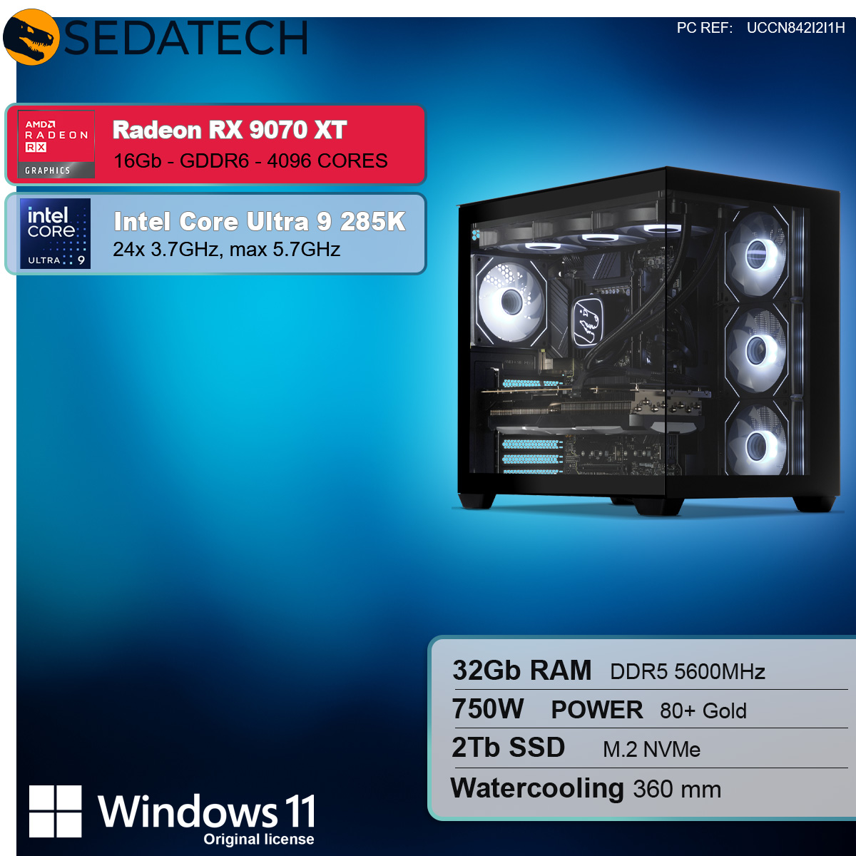 Torre del computer con componenti. Il testo include Radeon RX 9070 XT, Intel Core Ultra 9 285K e Windows 11.