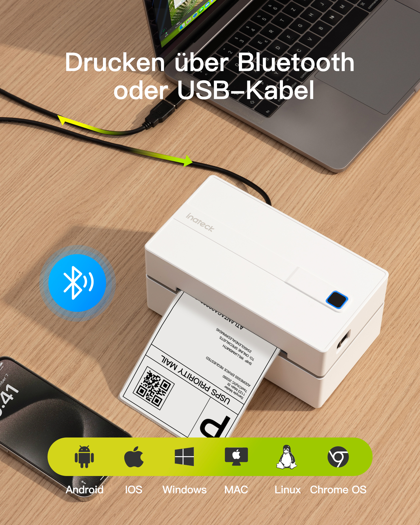 Weißer Etikettendrucker, verbunden mit Laptop und Smartphone. Mehrere Symbole sind sichtbar.