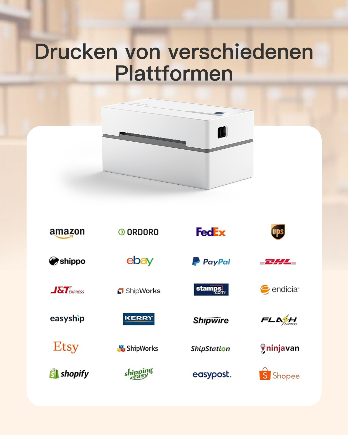 Weißer Drucker mit Logos verschiedener Plattformen wie Amazon, Ebay und Shopify.