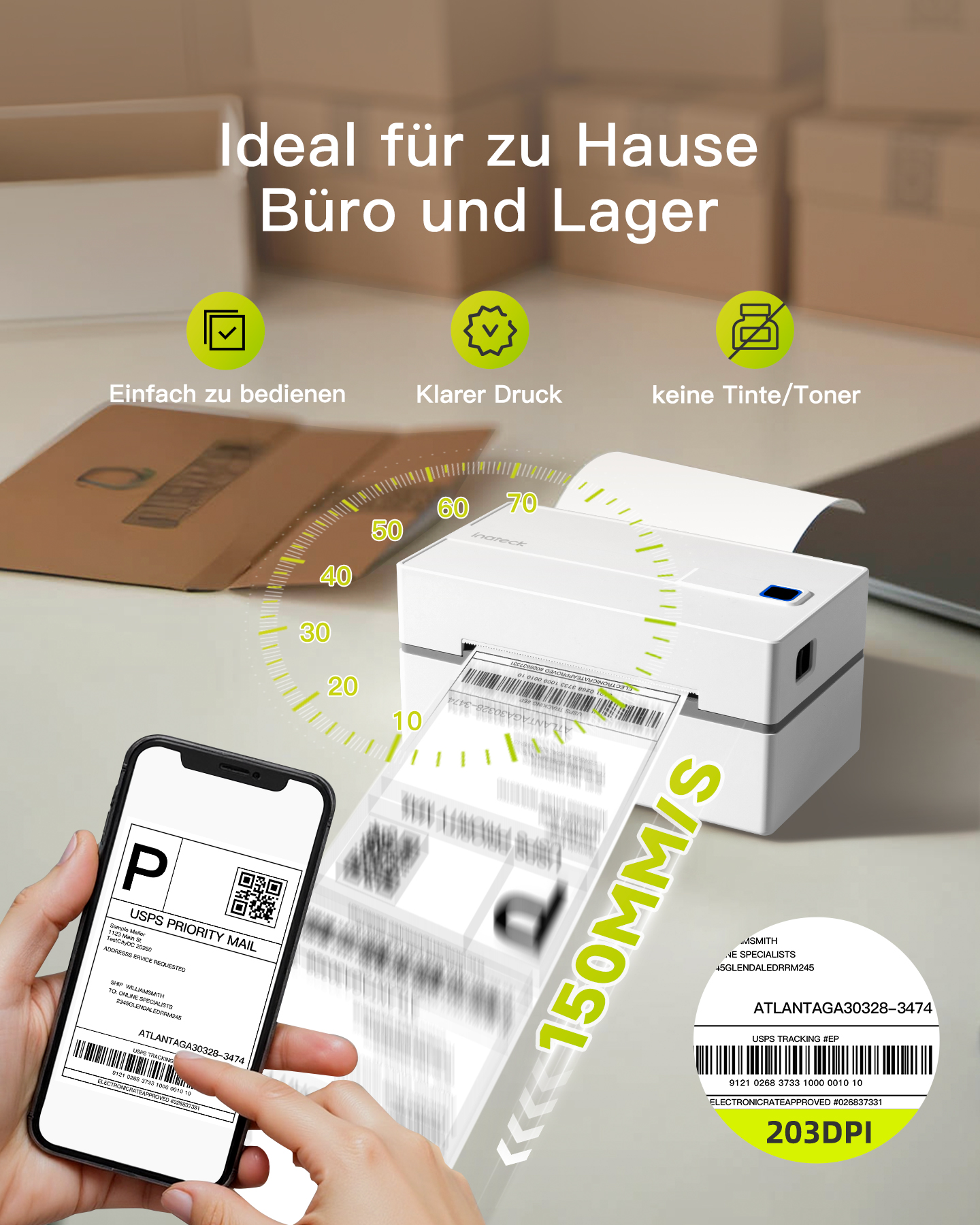 Etikettendrucker, der ein USPS Priority Mail Etikett druckt, mit Telefon, das das Etikett zeigt.