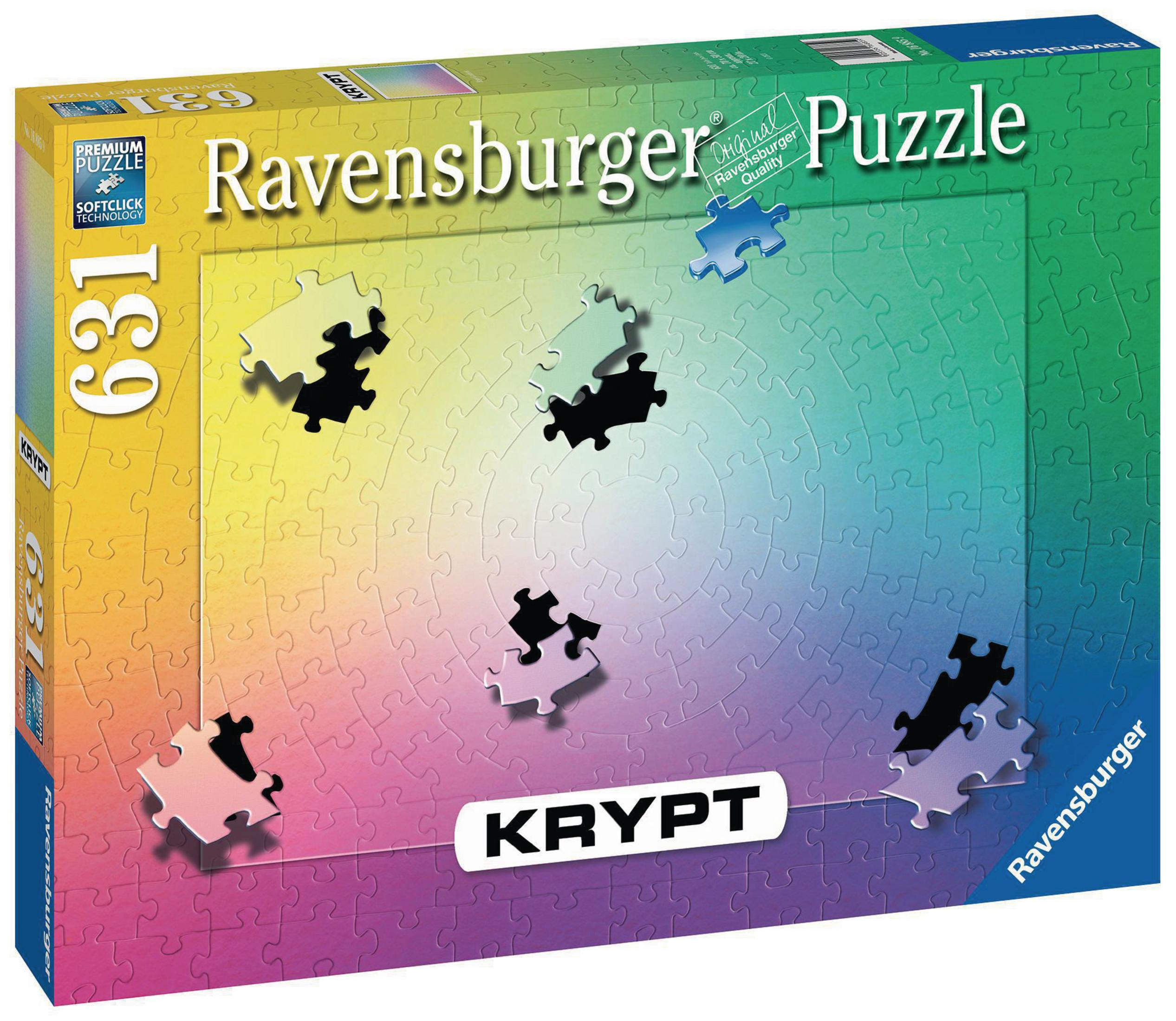 Eine Ravensburger Puzzle-Box mit unvollständigen Puzzleteilen obenauf.