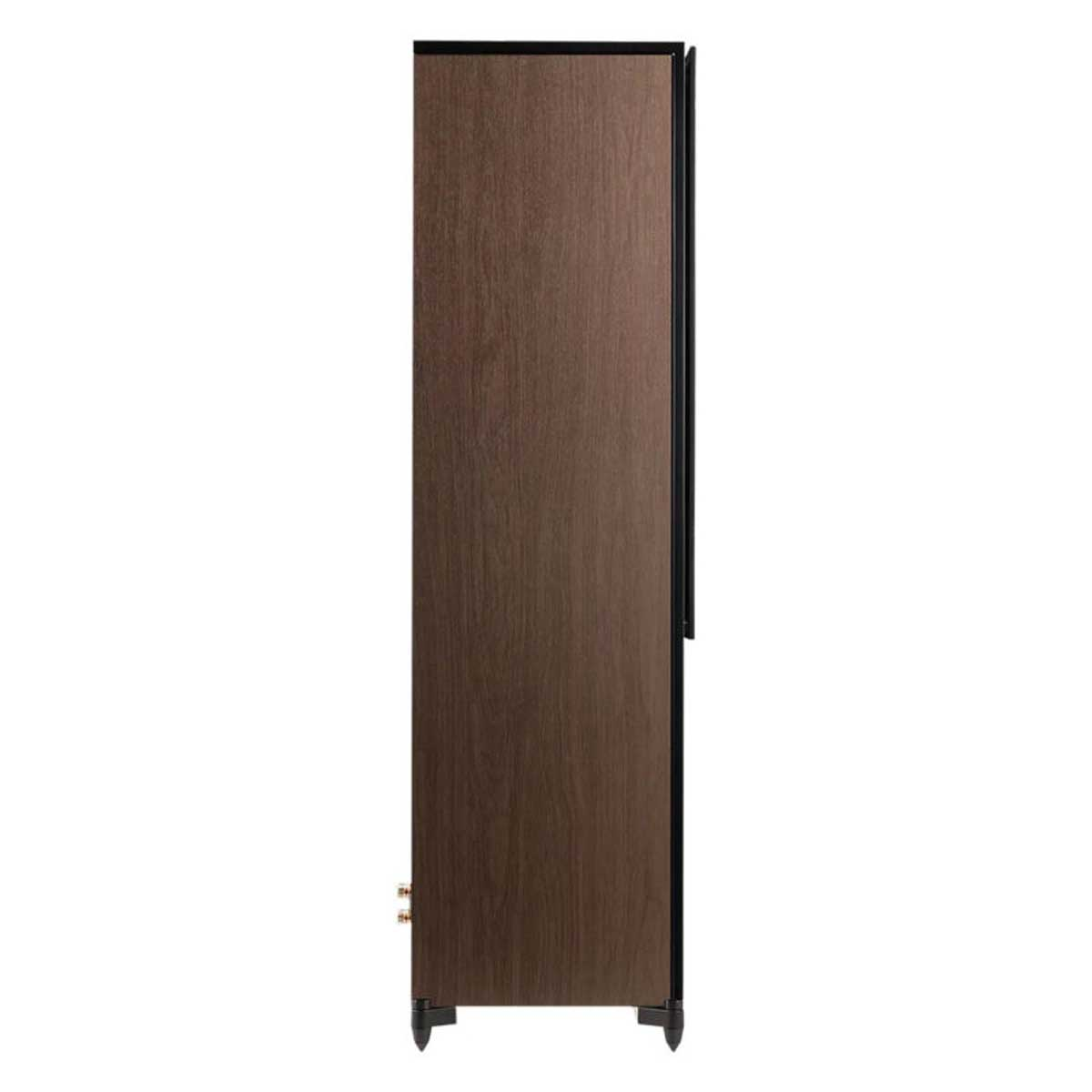 Ein brauner Lautsprecher aus Holz, schwarzer Rand, Seitenansicht, weißer Hintergrund.