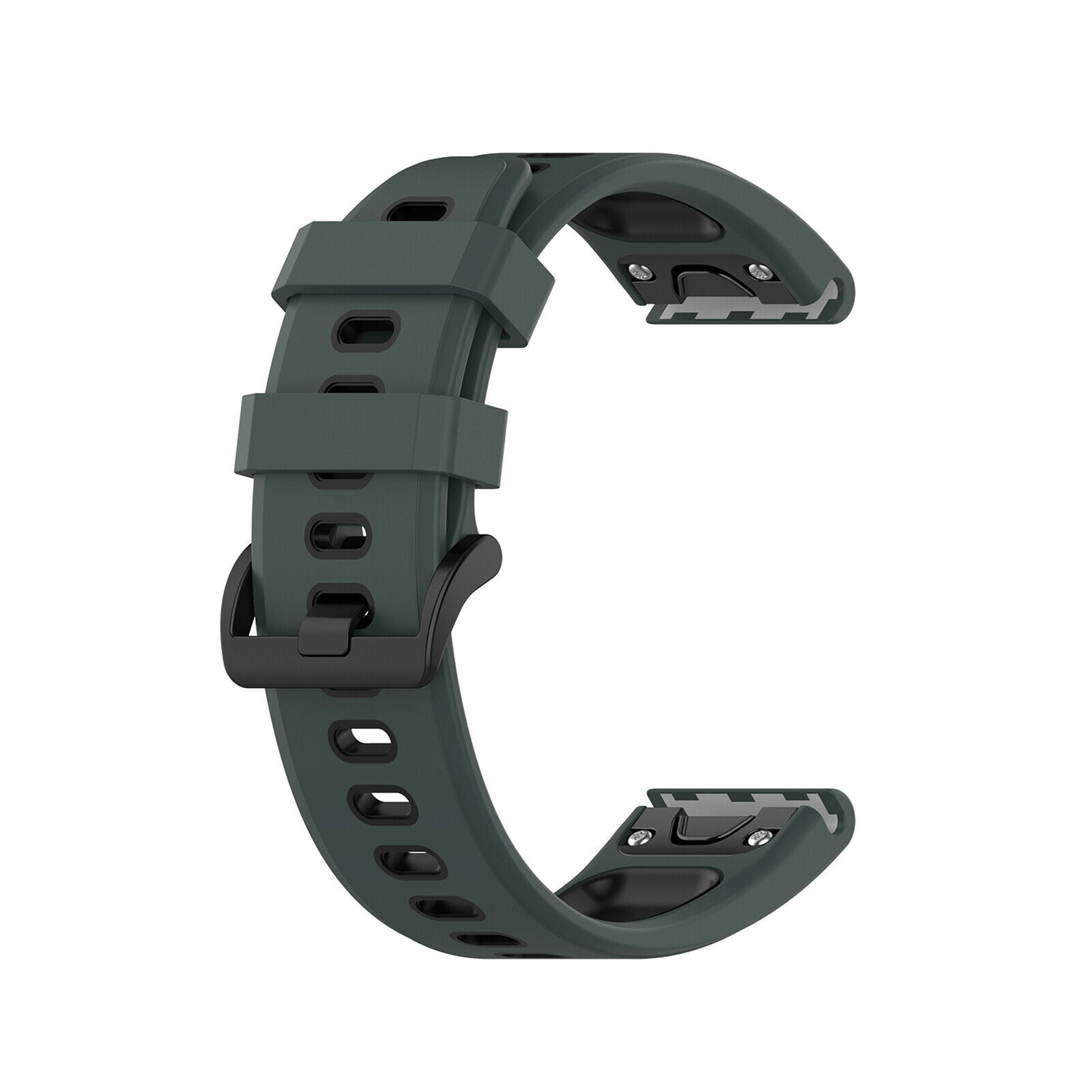 Dunkelgrünes Uhrenarmband. Es hat eine Schnalle und Löcher zur Größenanpassung.