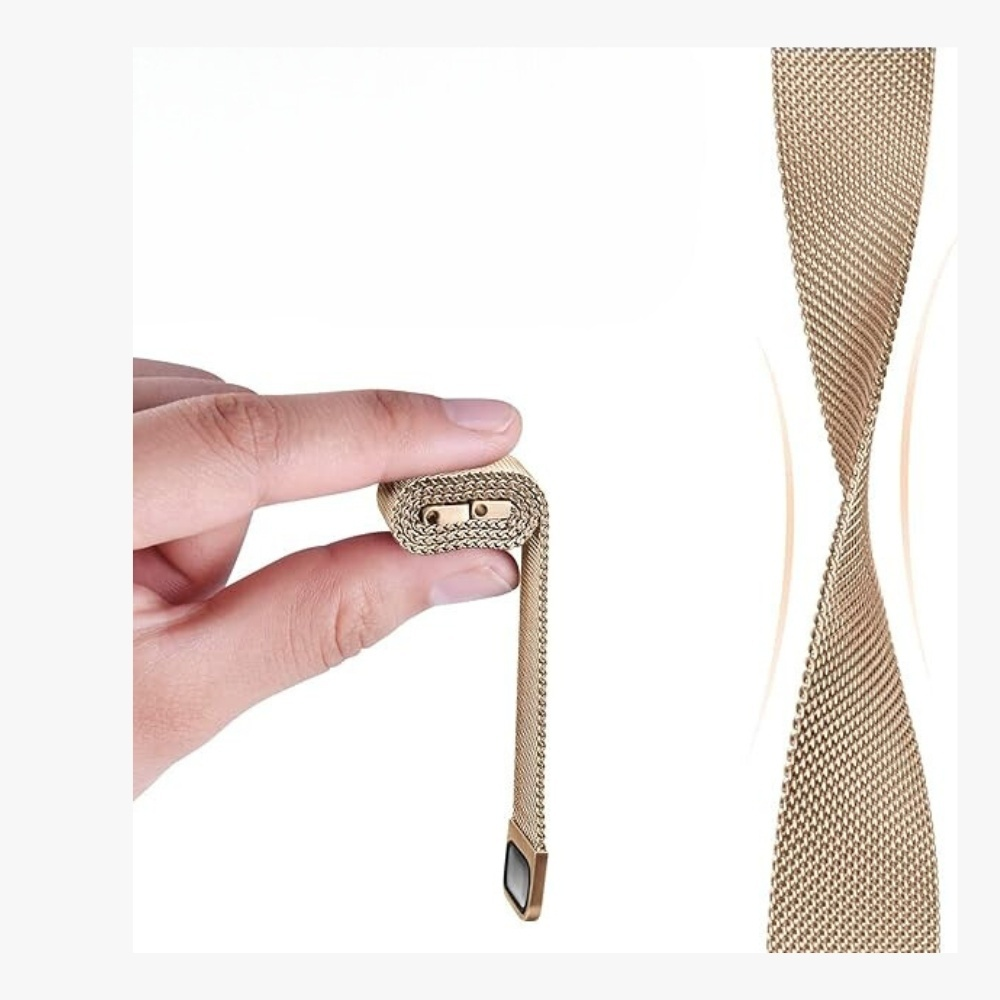 Eine Hand hält ein goldenes Mesh-Uhrenarmband. Ein weiterer Bandabschnitt wird rechts angezeigt.
