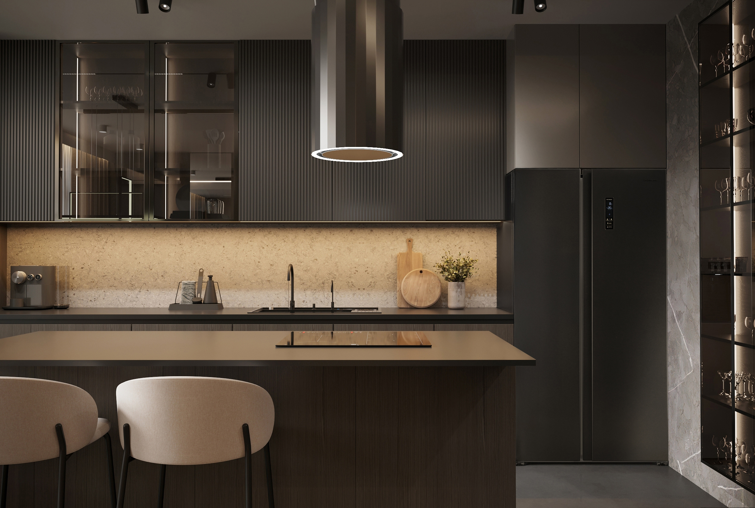 Cucina moderna con isola, armadi e elettrodomestici. Schema colori scuri.